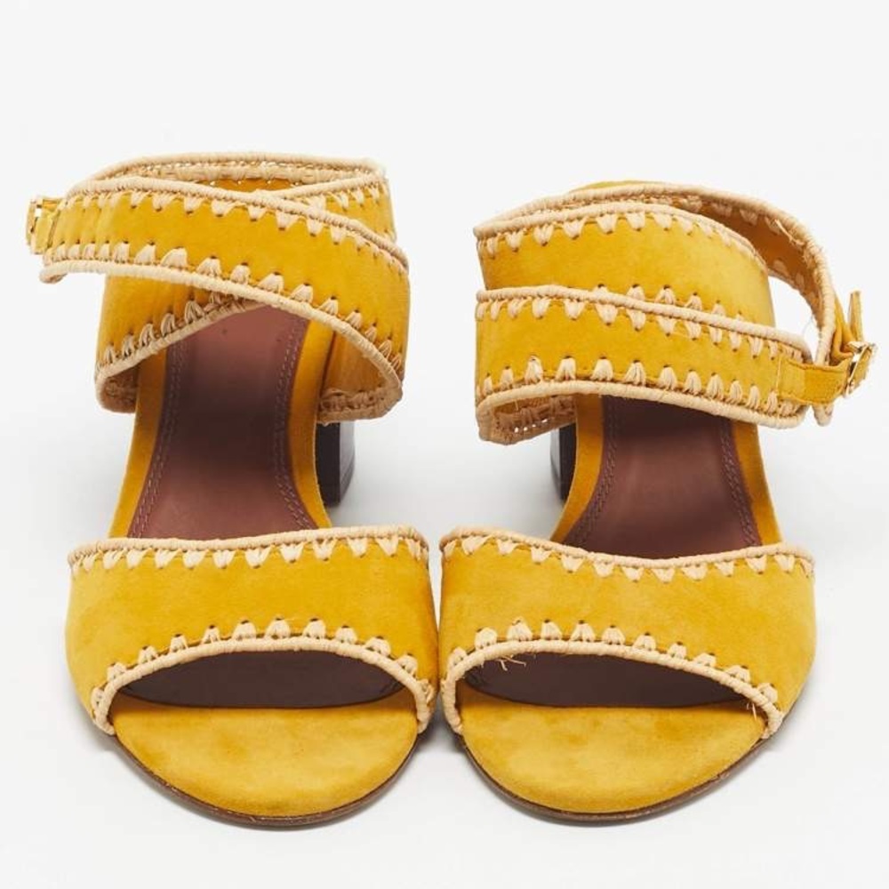 Tory Burch Yellow Raffia Suede Ankle Strap Sandals Block Heels Womens 6.5 - Picture 4 of 16